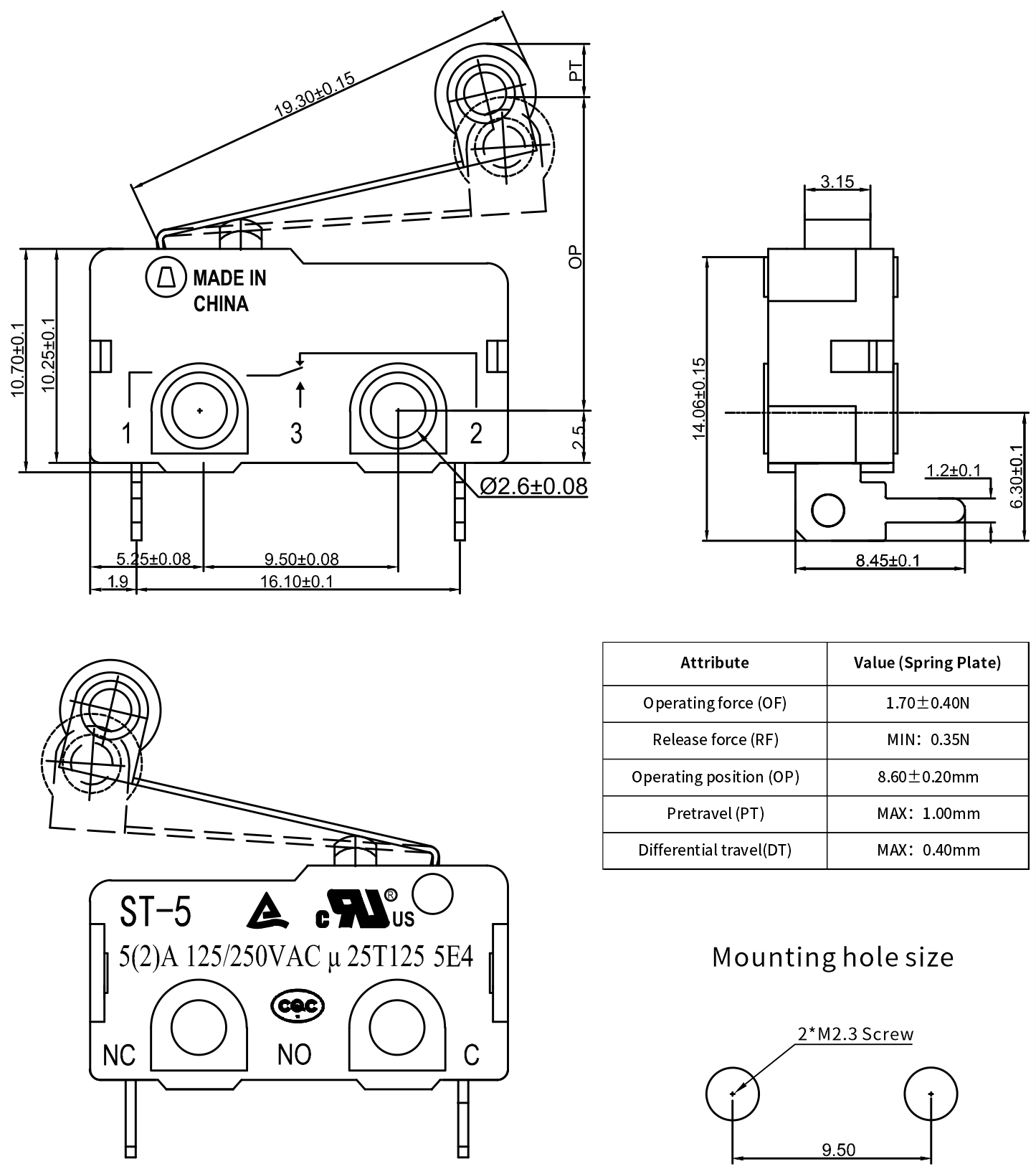 10Amicroswitch-Rollerlever-RightAngle-SPST-NC-Drawing