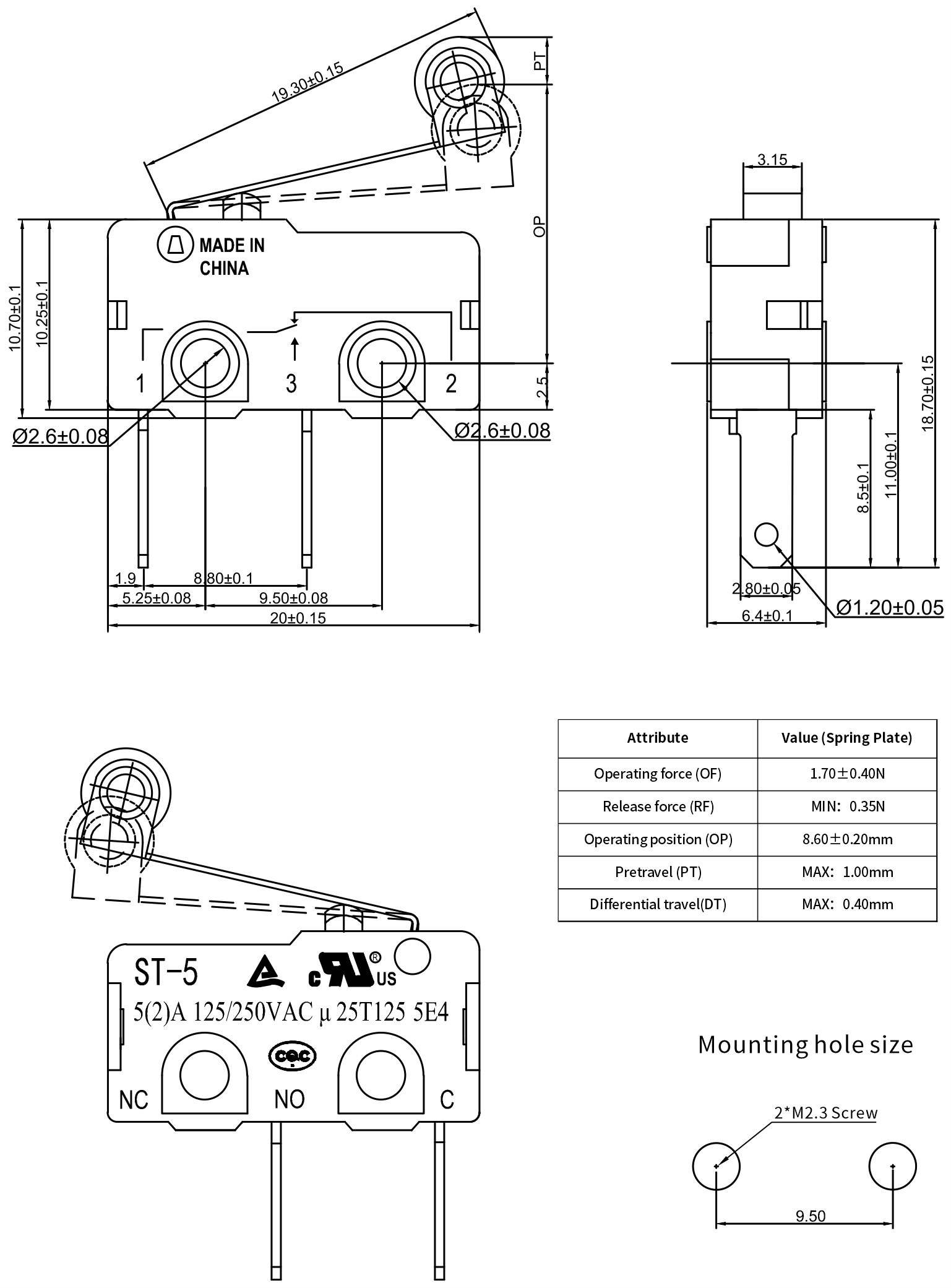 5arollerlever-quickconnect-SPST-NO-microswitches-Drawing